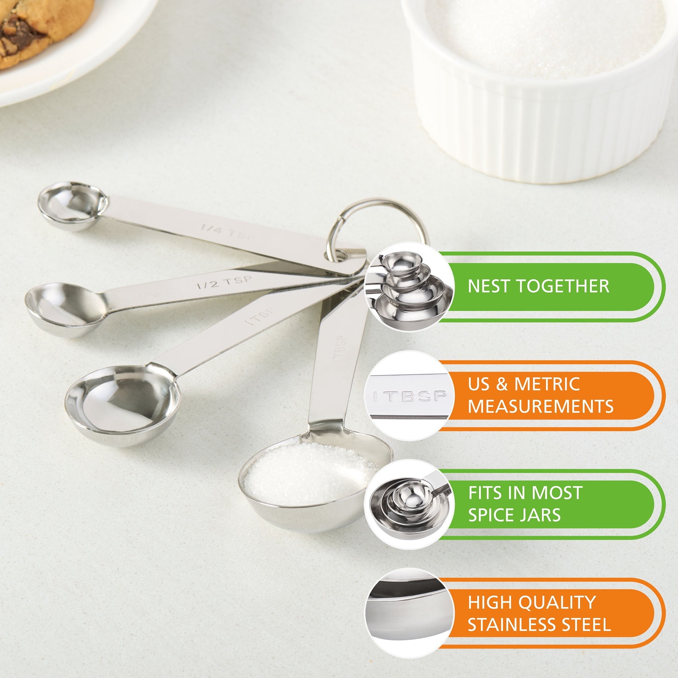 Ergonomic Manual Kitchen Stainless Steel 4-Piece Nesting Measuring Spoons Set, Stainless Steel Finish - Multi-Functional Manual Food Chopper & Slicer Detail