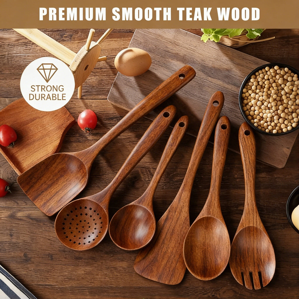 Non-Stick Safe Wooden Spoons for Cooking, 6 PCS Teak Wood Cooking Utensil Set, Wooden Kitchen Utensils for Nonstick Pans & Cookware,... - Ergonomic Kitchen Tongs and Cooking Spoon Utensil Detail