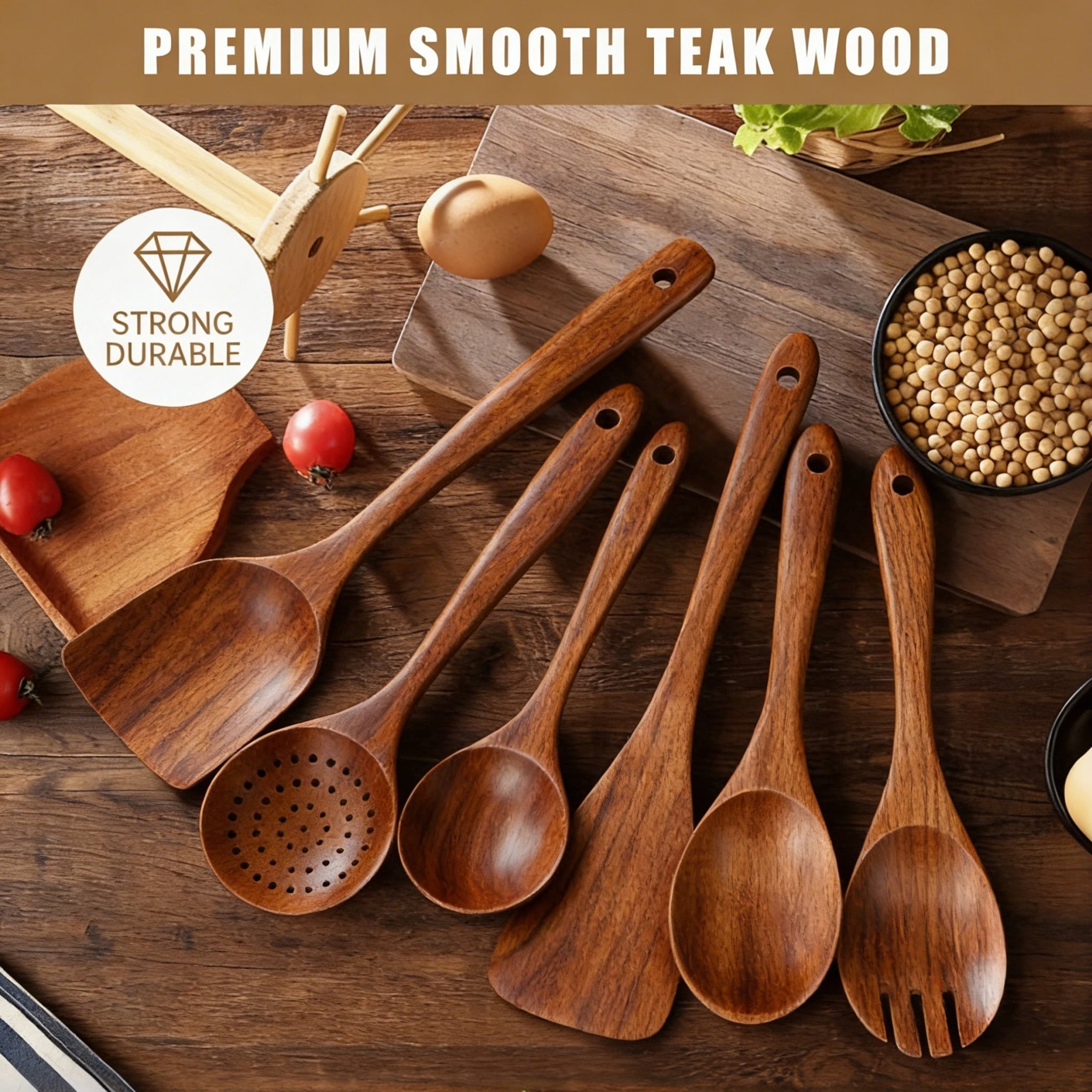 Non-Stick Safe Wooden Spoons for Cooking, 6 PCS Teak Wood Cooking Utensil Set, Wooden Kitchen Utensils for Nonstick Pans & Cookware,... - Ergonomic Kitchen Tongs and Cooking Spoon Utensil Detail