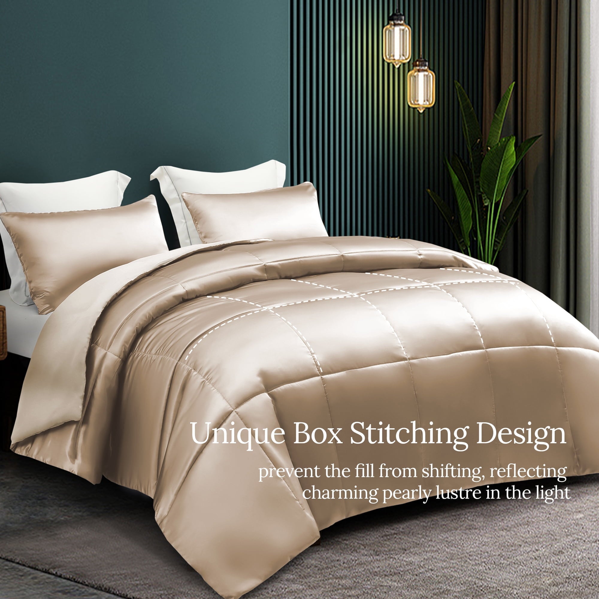 Hypoallergenic Cloud 3-Piece Reversible Silky Soft King Size Comforter Bedding Set, Luxurious Satin Comforters with 2 Satin Pillowcases, L... - Cloud-Like Soft Lightweight Bed Comforter Detail