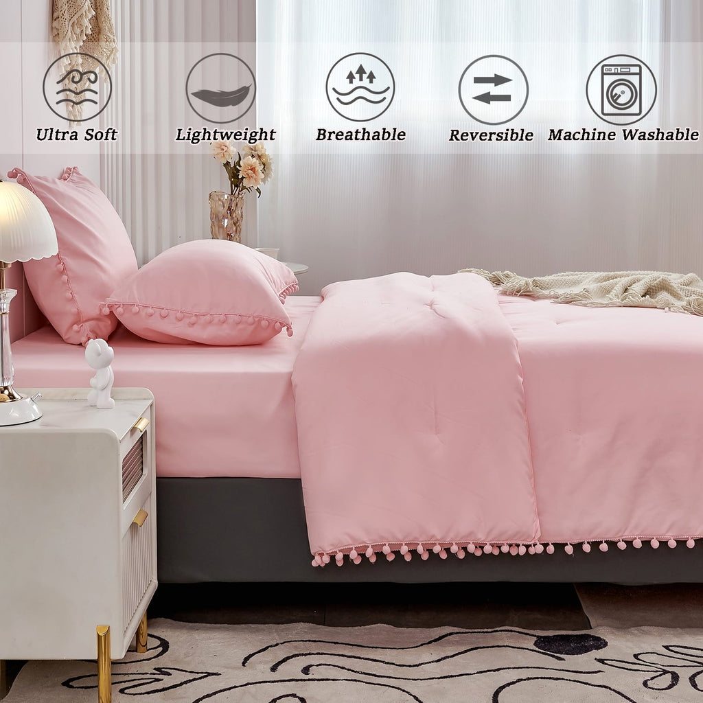 Hypoallergenic Cloud Pink Full Size Comforter Set Pom Fringe 3 Pcs Boho Chic Cute Ball Pom Blush Bedding Set Cali Soft Lightweight Solid B... - Cloud-Like Soft Lightweight Bed Comforter Detail
