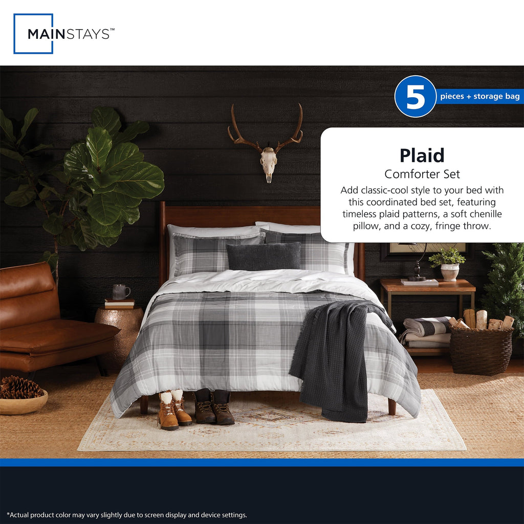 Luxurious Quilted Full/Queen Comforter Set, All-Season, 5-Piece, Grey Plaid - All-Season Down Alternative Comforter Insert Detail