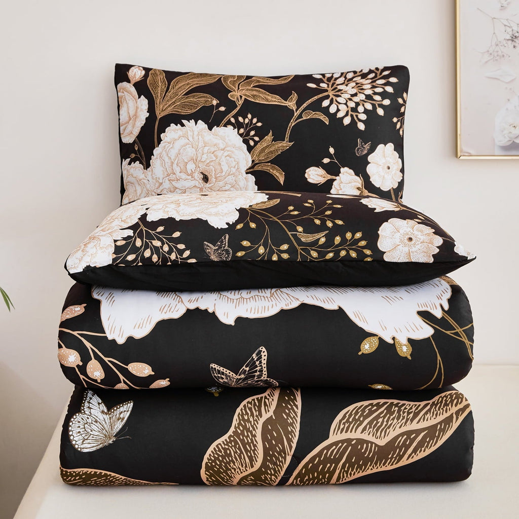 Heavyweight Warmth Black Floral Comforter Set Queen, Printed Comforter White Flowers Butterfly Bedding Set, 3 Pieces Botanical Reversibl... - All-Season Down Alternative Comforter Insert Detail