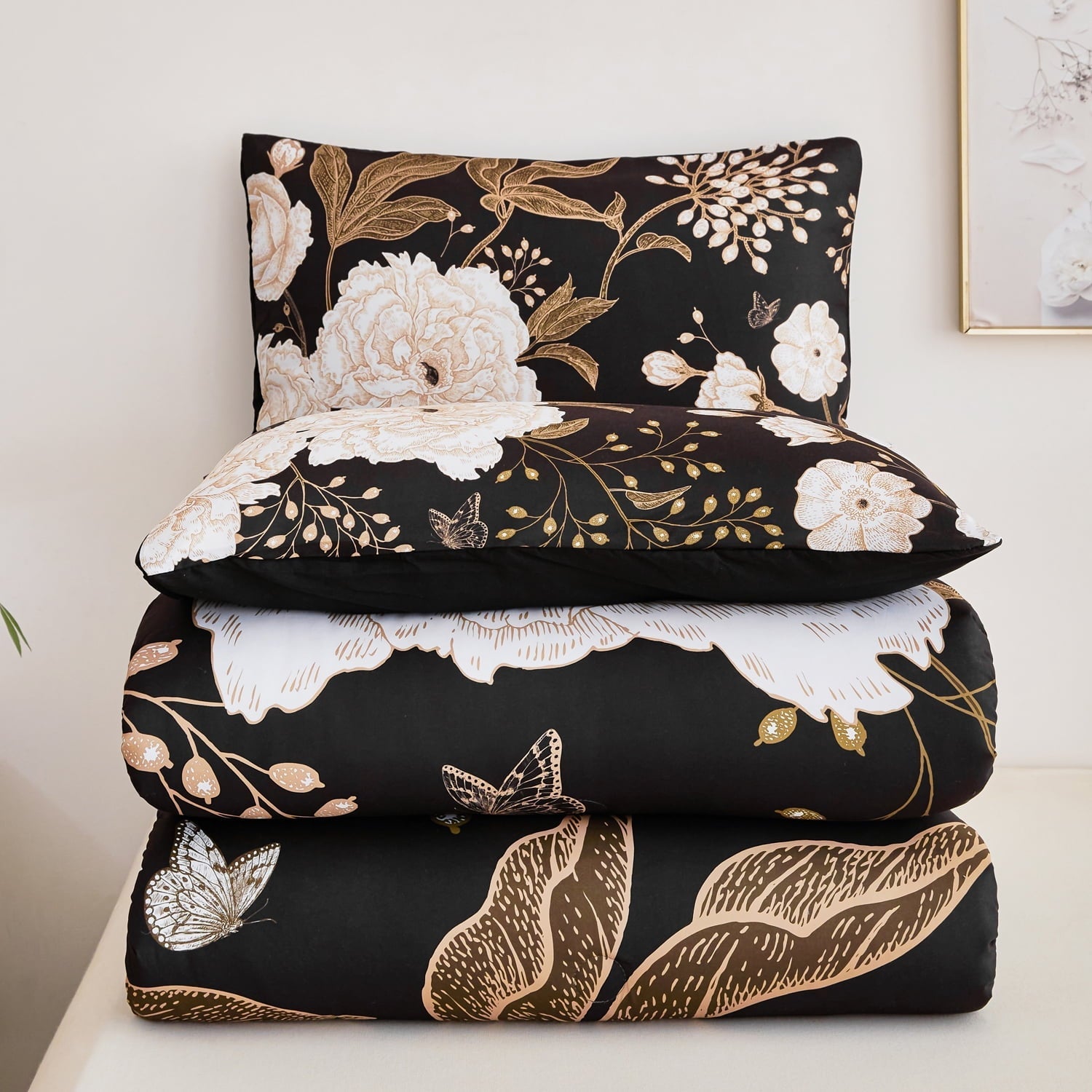Heavyweight Warmth Black Floral Comforter Set Queen, Printed Comforter White Flowers Butterfly Bedding Set, 3 Pieces Botanical Reversibl... - All-Season Down Alternative Comforter Insert Detail