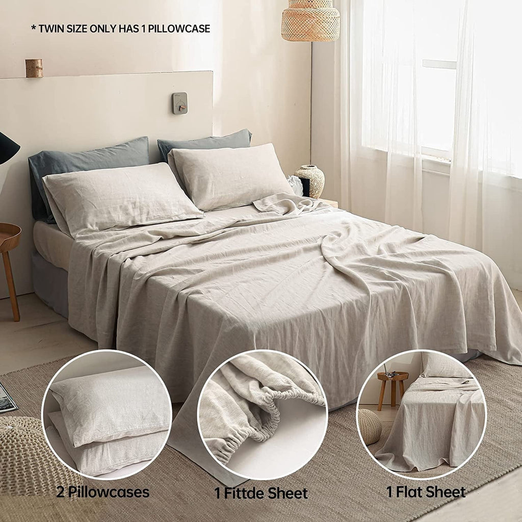 Cooling Sateen 100% Linen Sheet Set Solid Color-4 Pcs Washed French Linen Bed Sheets(1 Flat Sheet,1 Fitted Sheet,2 Pillowcases)-Brea... - Cooling Hotel Quality Bedding Sheets and Pillowcases Detail