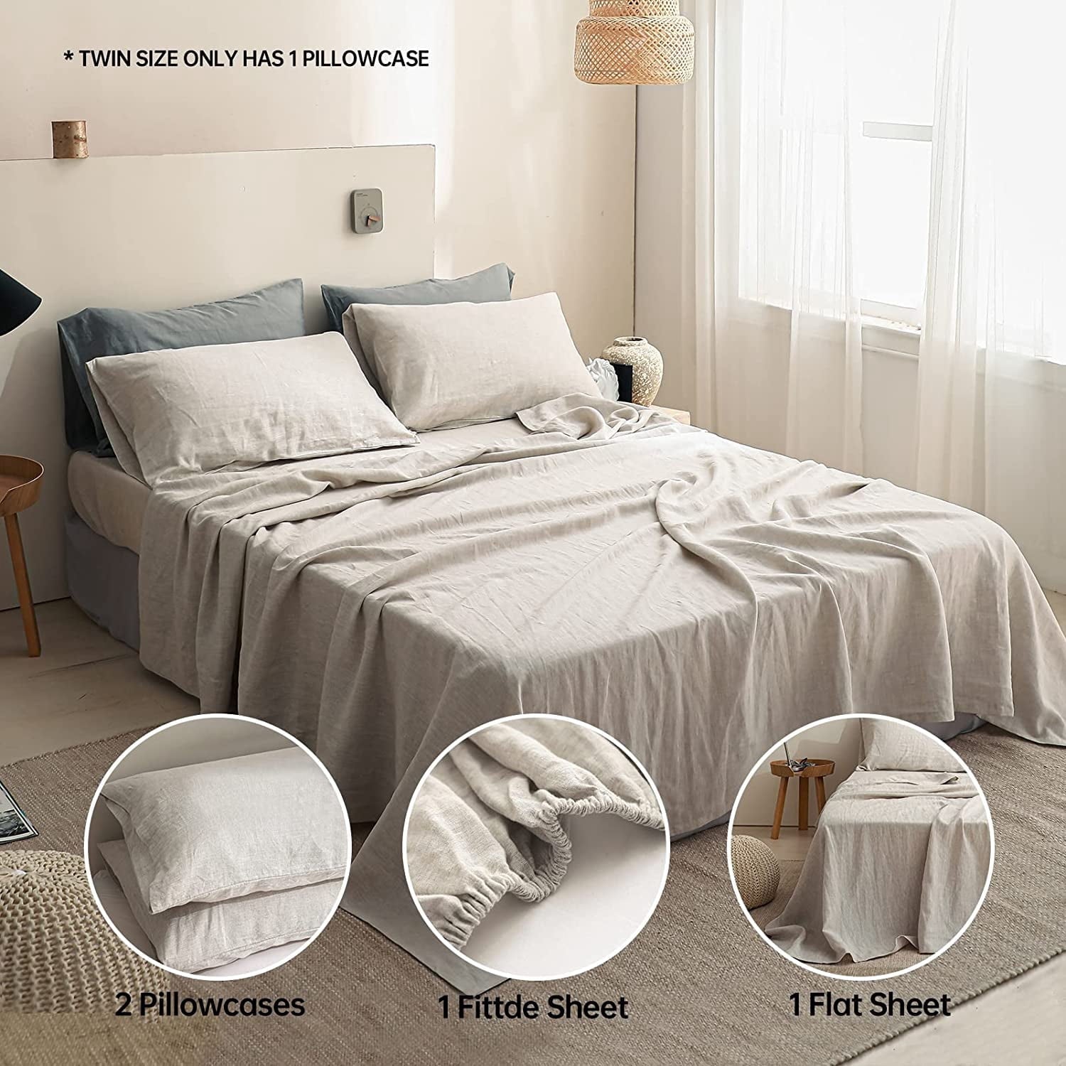 Cooling Sateen 100% Linen Sheet Set Solid Color-4 Pcs Washed French Linen Bed Sheets(1 Flat Sheet,1 Fitted Sheet,2 Pillowcases)-Brea... - Cooling Hotel Quality Bedding Sheets and Pillowcases Detail