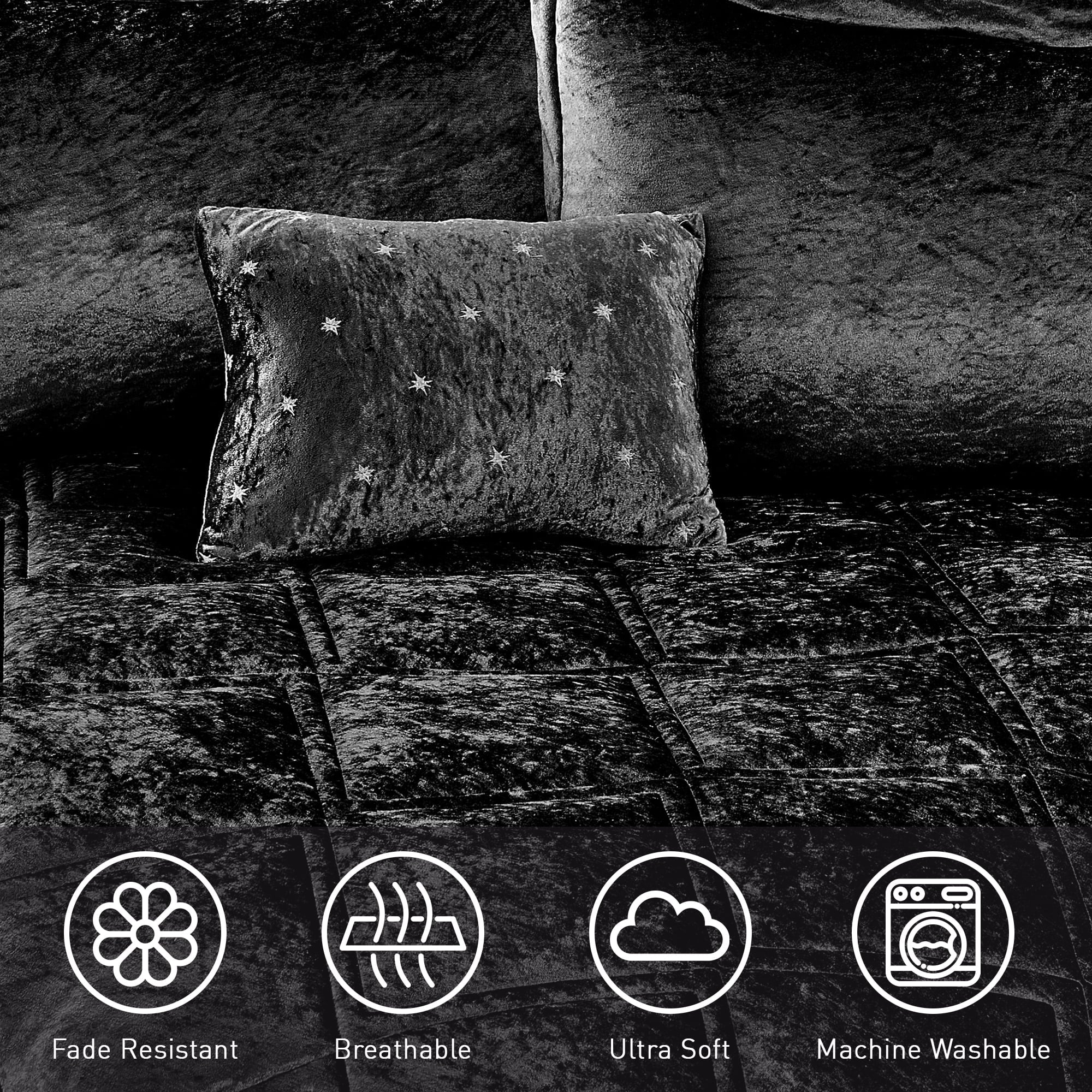 Luxurious Quilted King/Cal King Size Comforter Sets, Velvet Bedding Comforter Set for All Seasons, Black Bedding Set with Decor Pillow - All-Season Down Alternative Comforter Insert Detail