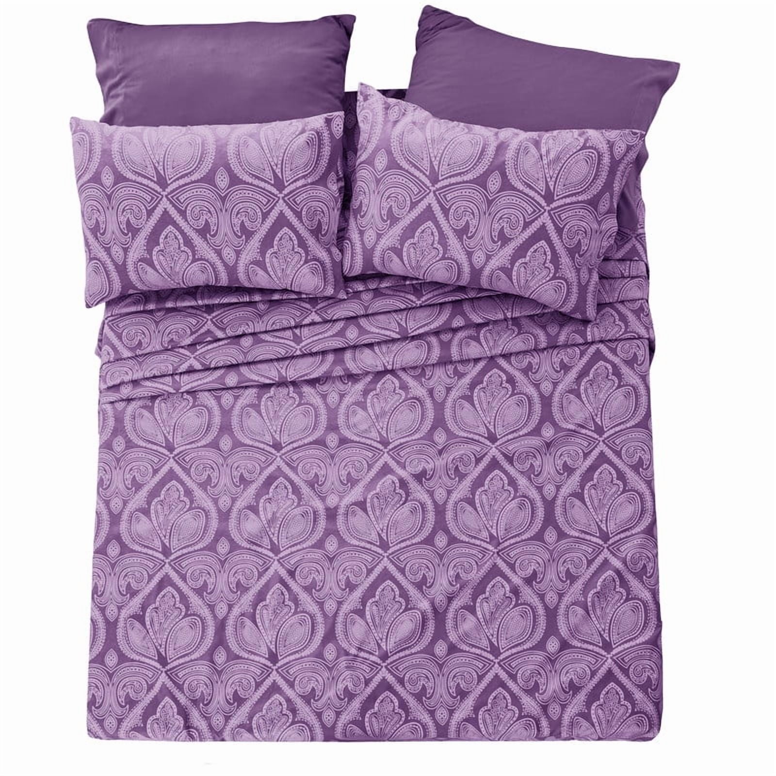 Wrinkle-Resistant Paisley Printed Queen Bed Sheets Set, Microfiber 6 Piece Bedding Set - Purple - Cooling Hotel Quality Bedding Sheets and Pillowcases Detail
