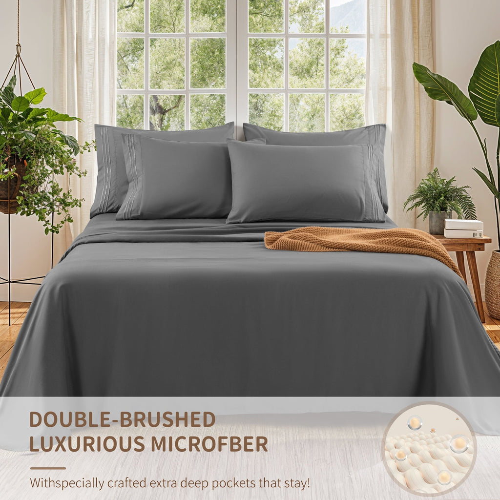 Premium Egyptian Cotton 6 Pieces Bed Sheet Set, 1800 Series Soft Microfiber Queen Sheets with 16" Deep Pocket, Dark Gray - Cooling Hotel Quality Bedding Sheets and Pillowcases Detail