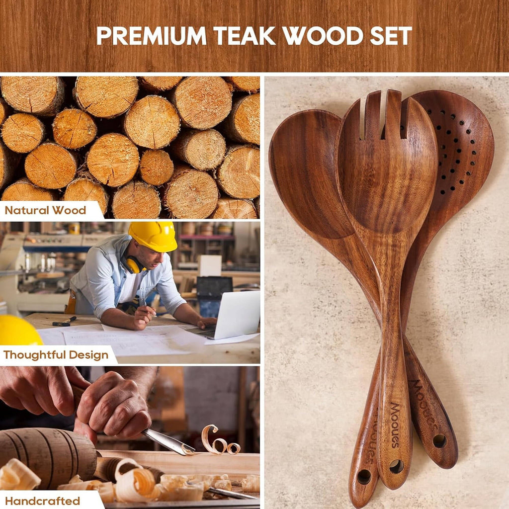 Seamless One-Piece 6-Piece Natural Teak Wooden Spoons for Cooking With 10 Hooks，Handcrafted Kitchen Utensils Set ，Ideal Gift Set - Premium Stainless Steel Cooking Utensil for Non-Stick Pots Detail