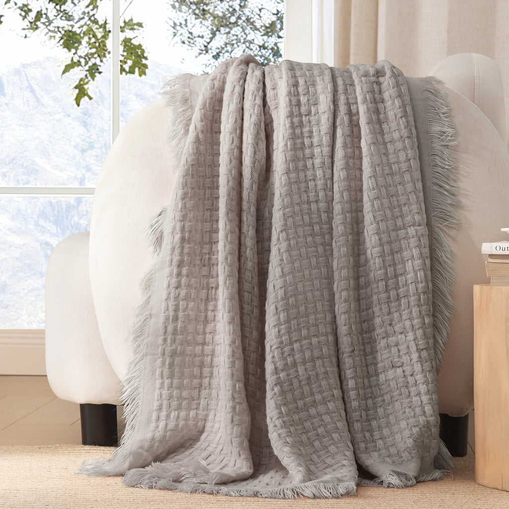 Reversible Sherpa Knitted Throw Blanket with Fringes for Couch, Soft and Warm Textured Throw for All Season, Lightweight Breathable Roo... - Luxury Knitted Decorative Throw Blanket with Fringes Detail