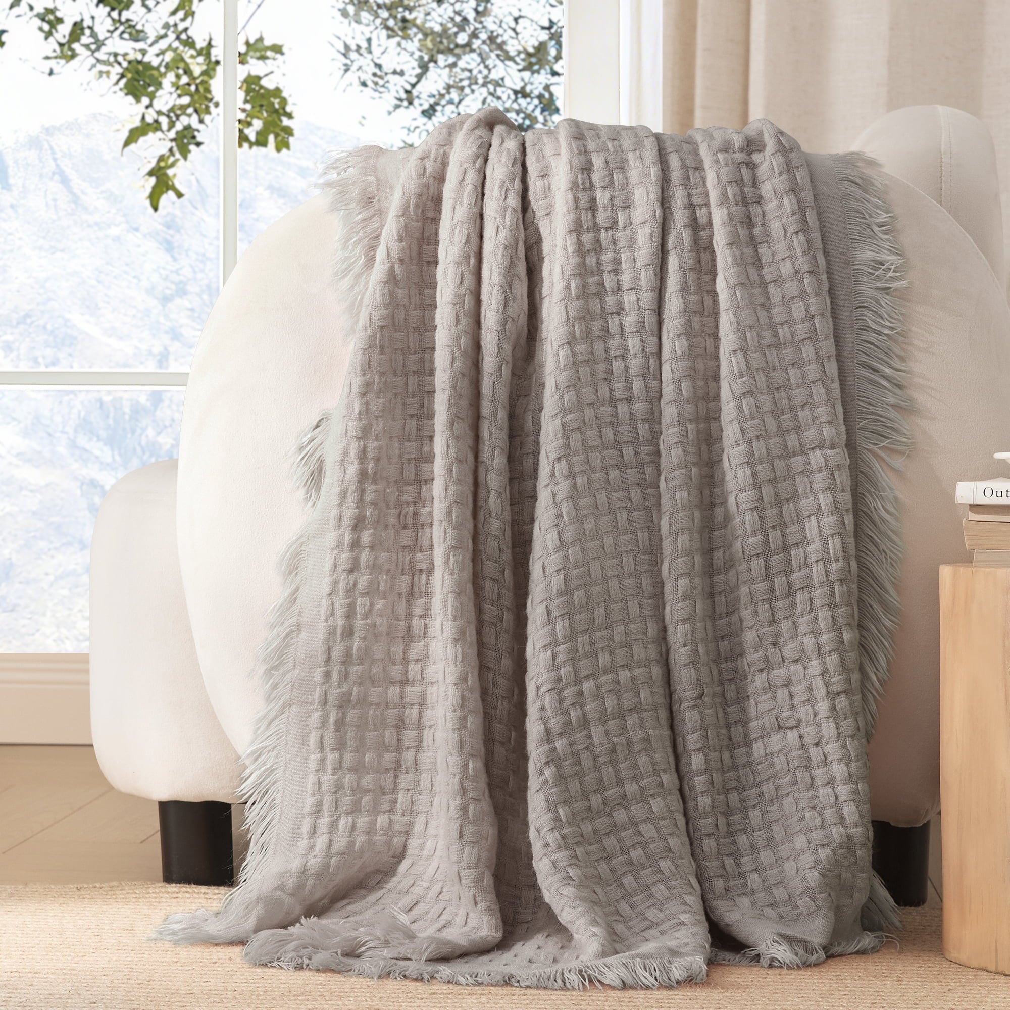 Reversible Sherpa Knitted Throw Blanket with Fringes for Couch, Soft and Warm Textured Throw for All Season, Lightweight Breathable Roo... - Luxury Knitted Decorative Throw Blanket with Fringes Detail
