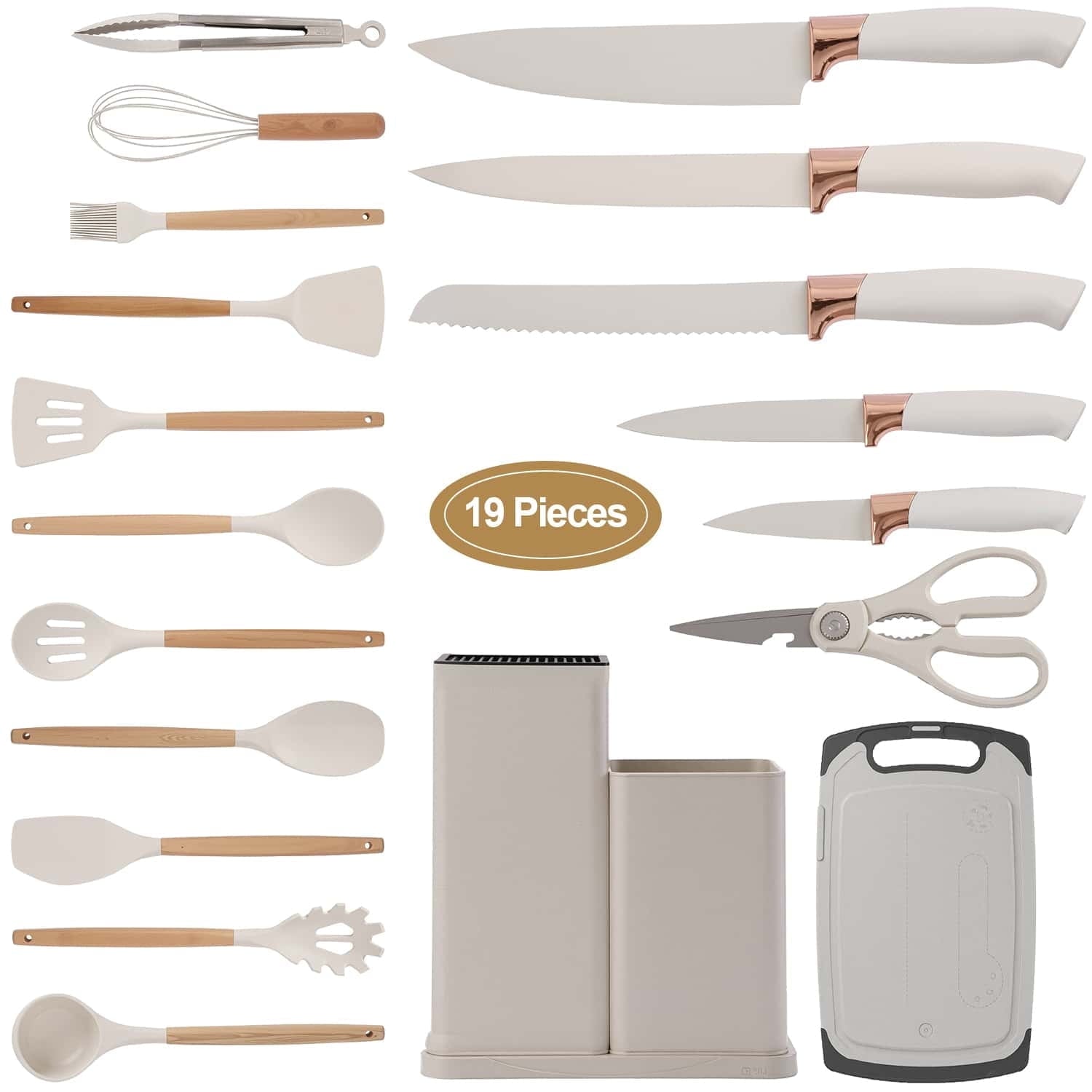 Non-Stick Safe Kitchen Utensils Set for Cooking, 11 Cooking Utensils, 6 Knife set Beige,3 Utensil Sets,utensilios de cocina - Premium Stainless Steel Cooking Utensil for Non-Stick Pots - Default Title