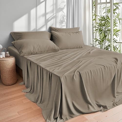 Premium Egyptian Cotton Home 4-Piece Queen Bamboo Bed Sheet Set, 100% Organic Cooling Fabric, 16" Deep Pocket, Taupe - Cooling Hotel Quality Bedding Sheets and Pillowcases Detail