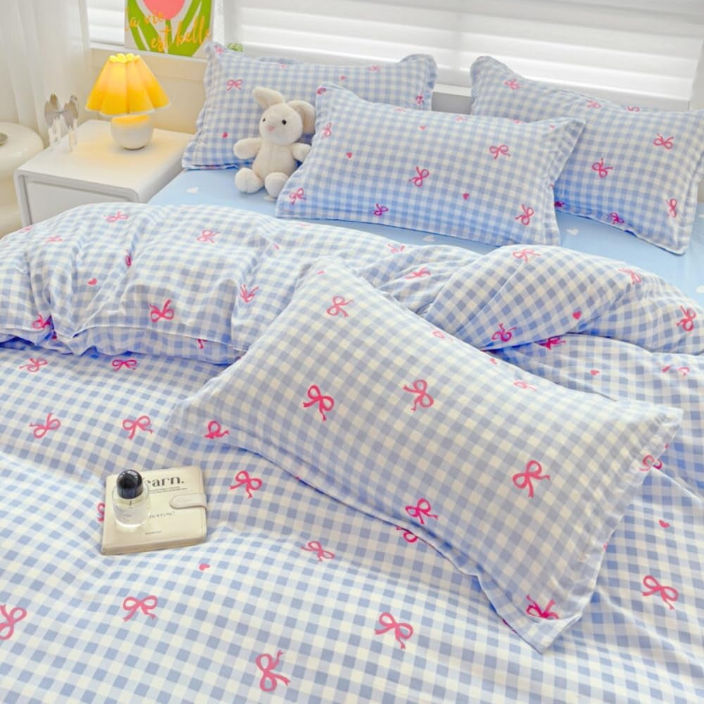 Fluffy Down Alternative 3-Piece Blue Plaid Pink Bows Comforter Full Set , Cute Soft Bedding Set for Kids Adults - Hypoallergenic Ultra-Fluffy Quilt for Winter Detail