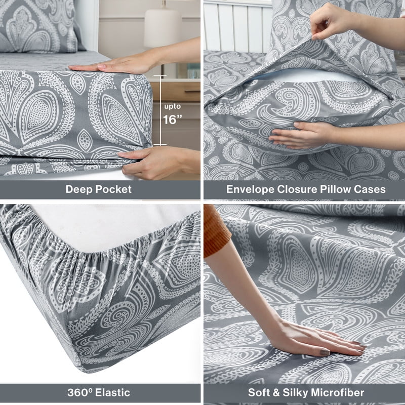 Wrinkle-Resistant Lux Decor 4 Piece Queen Sheet Set, Brushed Microfiber Paisley Printed Bed Sheet Set with up to 16" Deep Pocket Fitted... - Luxury Bed Sheet Set with Deep Pockets Detail