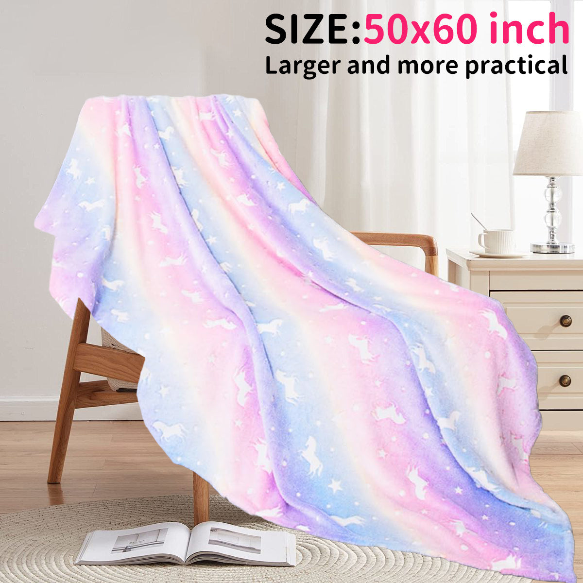 Reversible Sherpa Glow in The Dark Pony Blanket for Kids, 50"x60" Soft Cozy Luminous Flannel Blanket, Christmas Birthday Gift for Girls... - Luxury Knitted Decorative Throw Blanket with Fringes Detail