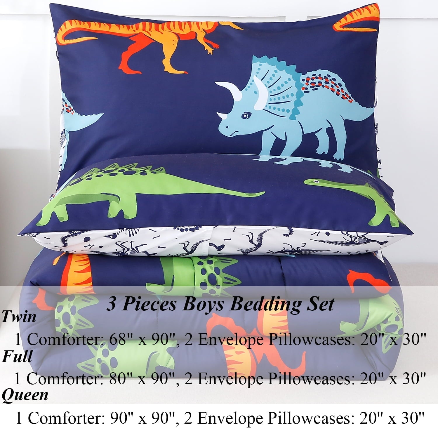 All-Season 3 Pcs Dinosaur Twin Size Bedding Sets for Boys, Dinosaur Printing Boys Comforter Set, Blue and White Reversible Bed C... - All-Season Down Alternative Comforter Insert Detail