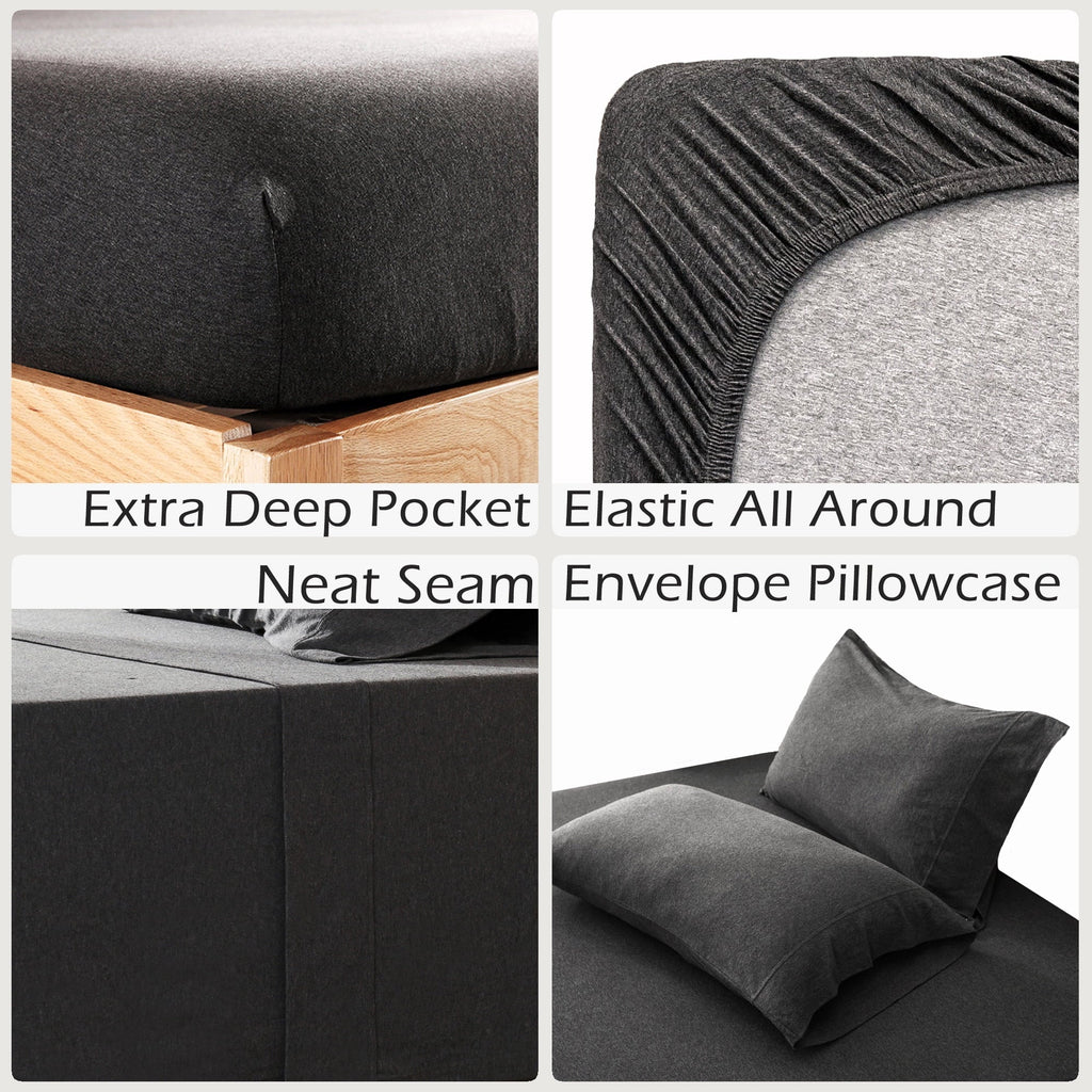 Cooling Sateen 100% Cotton Jersey Knit 4pc Bed Sheet Set Extra Deep Pocket up to 20" Charcoal Gray Queen - Luxury Bed Sheet Set with Deep Pockets Detail