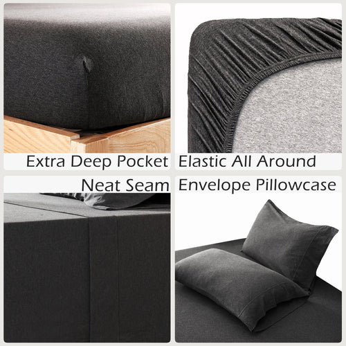Cooling Sateen 100% Cotton Jersey Knit 4pc Bed Sheet Set Extra Deep Pocket up to 20" Charcoal Gray Queen - Luxury Bed Sheet Set with Deep Pockets Detail