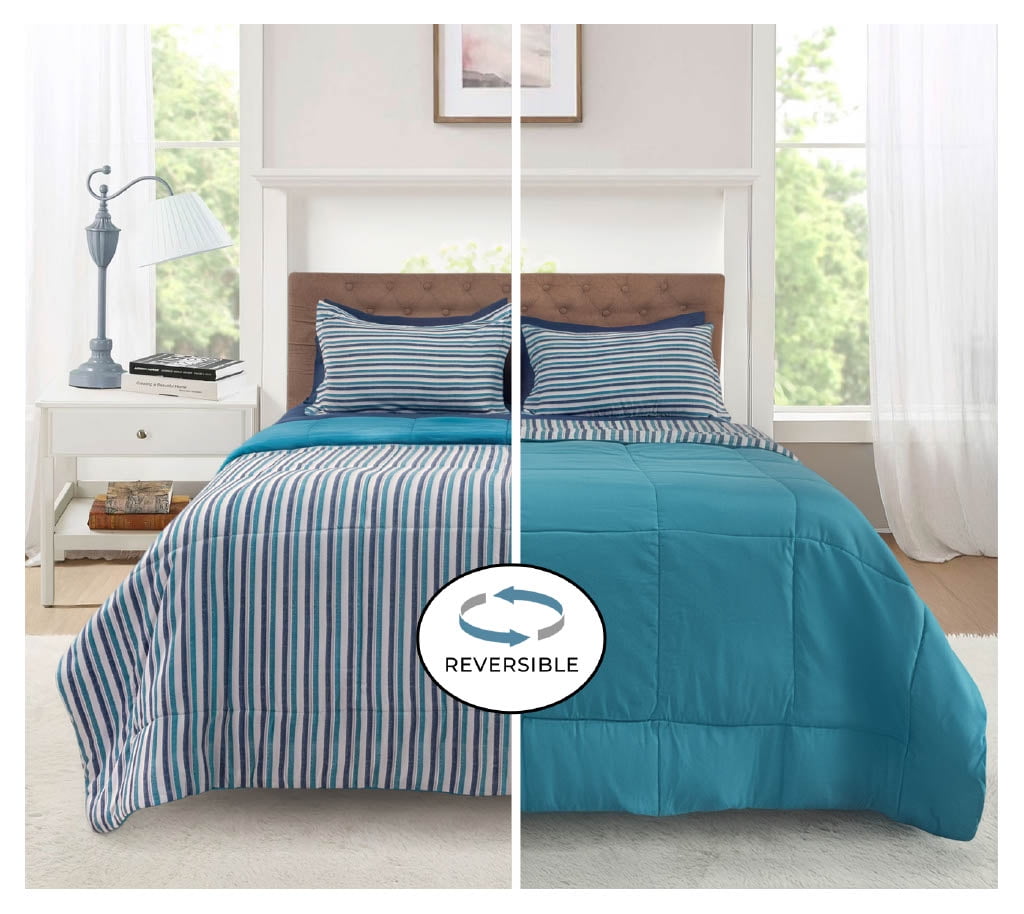 All-Season All in One Reversible Comforter and Sheet Set- 7 Piece, Queen, Blue Pinstripe - Hypoallergenic Ultra-Fluffy Quilt for Winter Detail