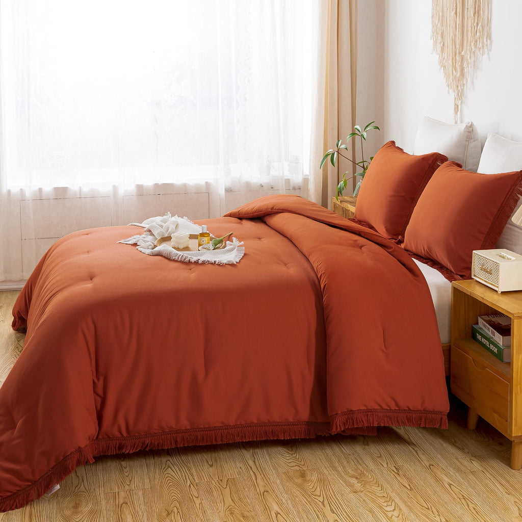 All-Season King Size Comforter Sets Burnt Orange, 3 Pieces Soft Fluffy Boho Bedding Comforter Sets for King Bed, All Season Terr... - Cloud-Like Soft Lightweight Bed Comforter Detail