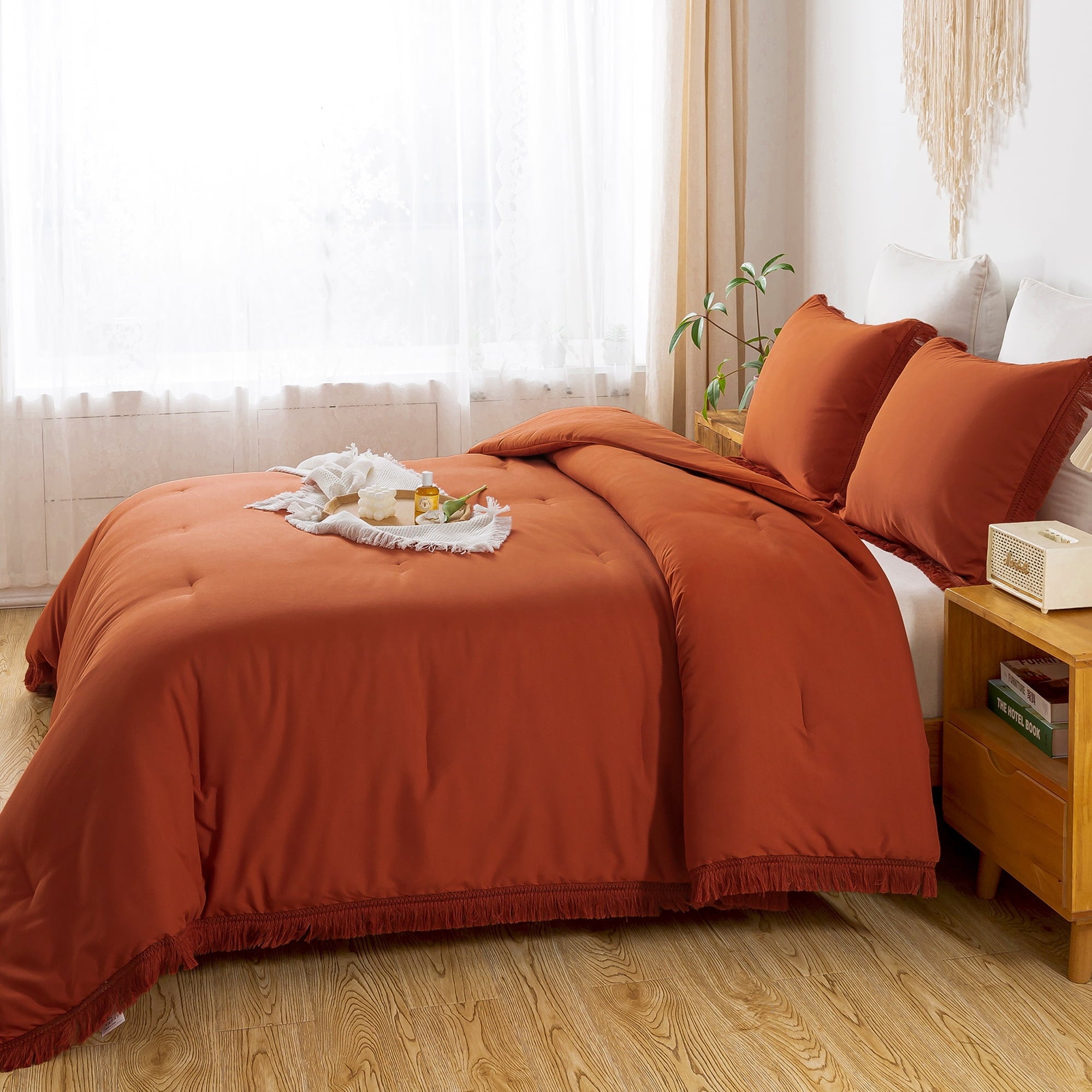 All-Season King Size Comforter Sets Burnt Orange, 3 Pieces Soft Fluffy Boho Bedding Comforter Sets for King Bed, All Season Terr... - Cloud-Like Soft Lightweight Bed Comforter Detail