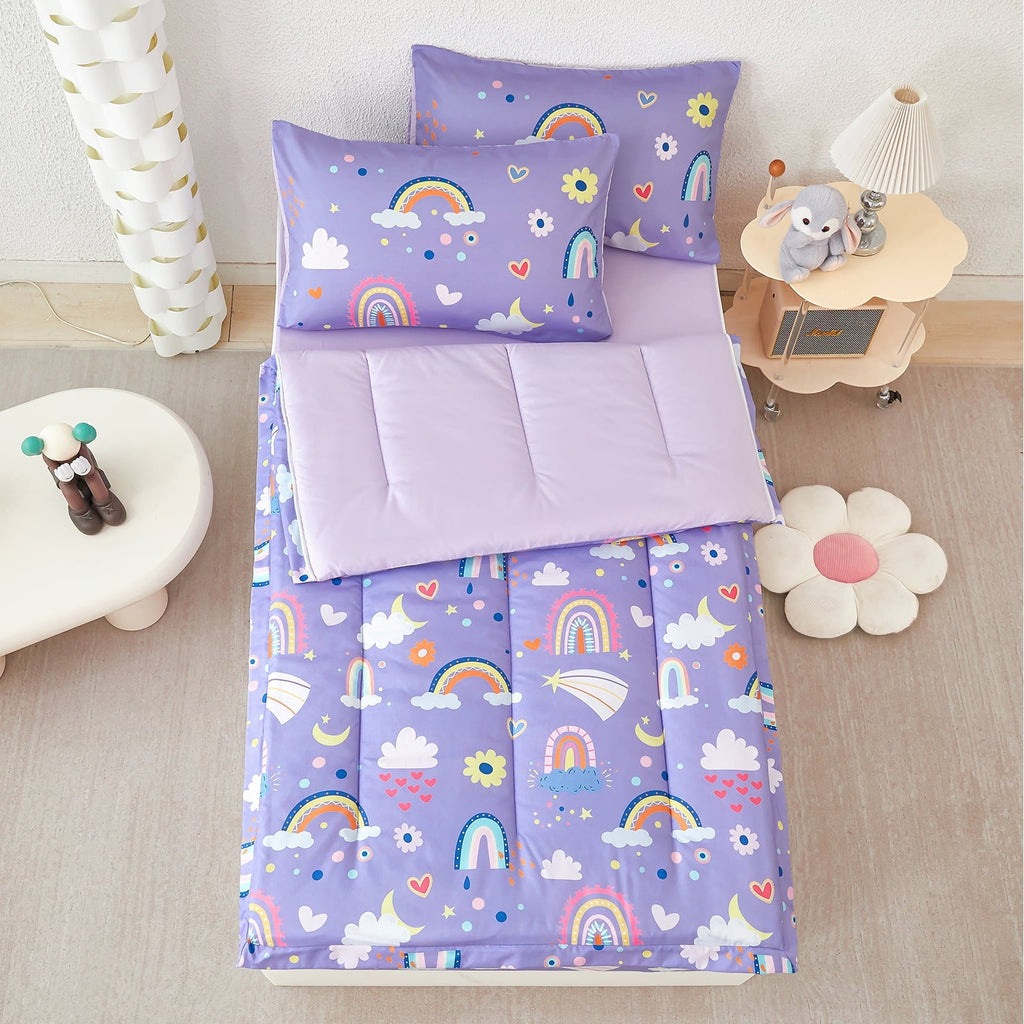 Heavyweight Warmth Zipper Kids Comforter Set, 3-Piece Purple Twin Bed in a Bag, Cartoon Rainbow Stars Flowers Printed Zip Up Comforter S... - All-Season Down Alternative Comforter Insert Detail