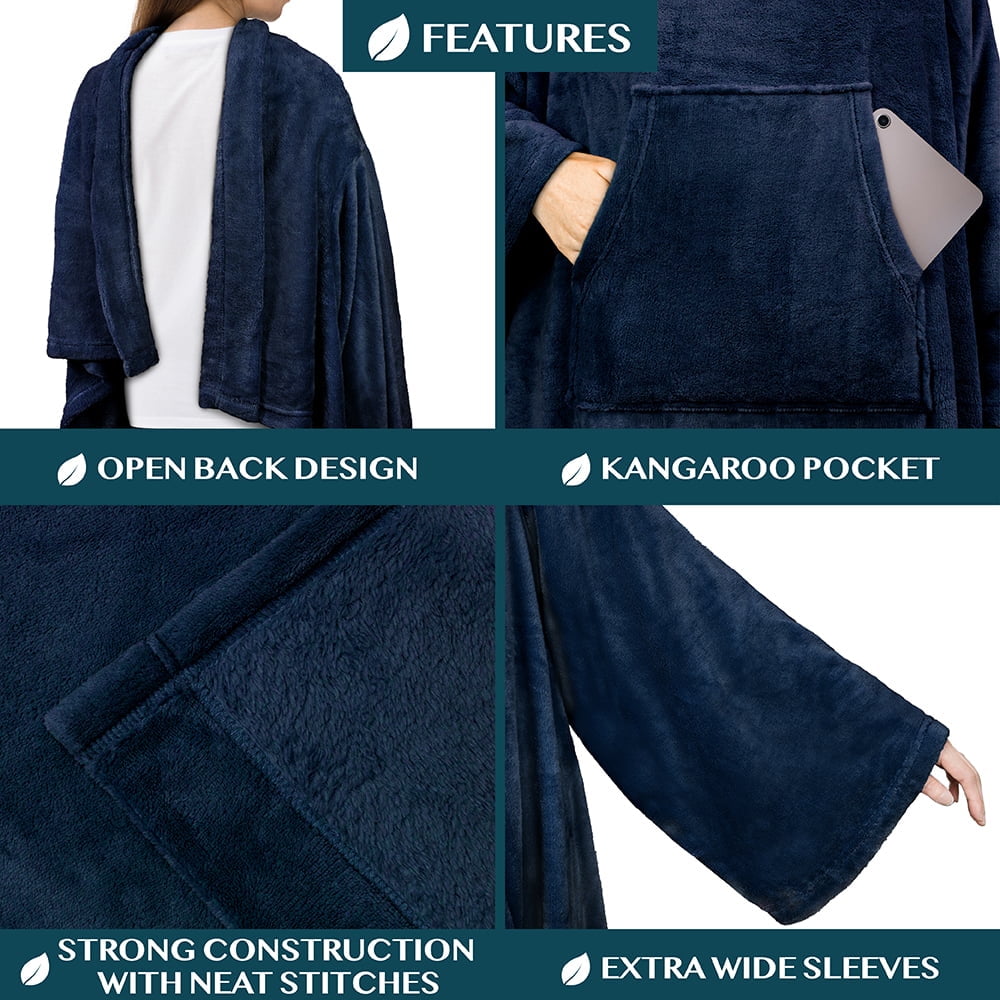 Decorative Knitted Navy Blue Fleece Wearable Blanket with Sleeves for Adults Women Men, Soft Warm Full Body Wrap Throw, Sweatshirt Pocke... - Lightweight Plush Warm Blanket for All Seasons Detail