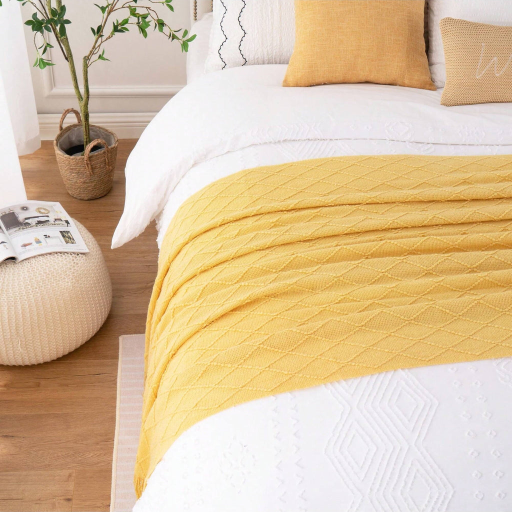 Reversible Sherpa Mustard Throw Blanket for Couch,Gold Yellow Knit Throw with Fringe,Outdoor Throw ,50"x60" - Luxury Knitted Decorative Throw Blanket with Fringes Detail