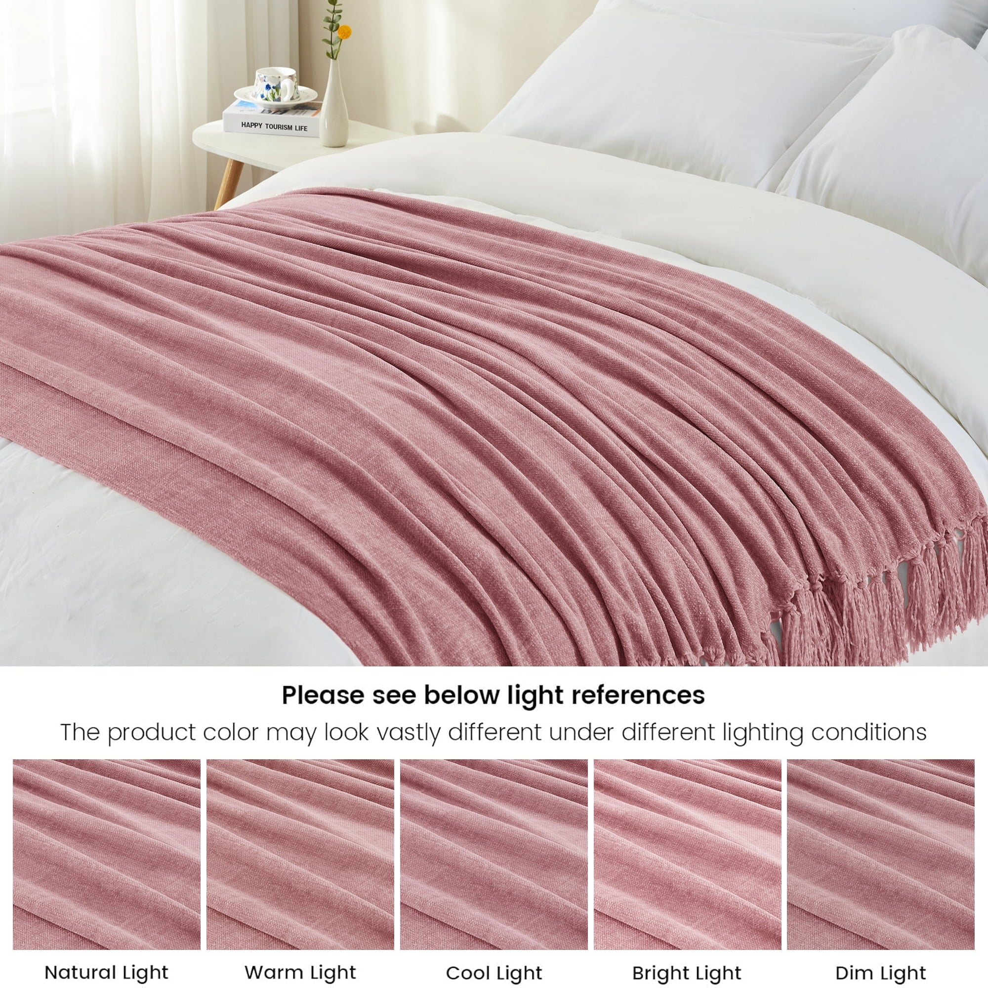 Decorative Knitted Chenille Throw Blanket with Fringe Tassel for Couch Sofa Chair Bed, Mauve 50" X 70" - Super Soft Reversible Sherpa Flannel Blanket Detail