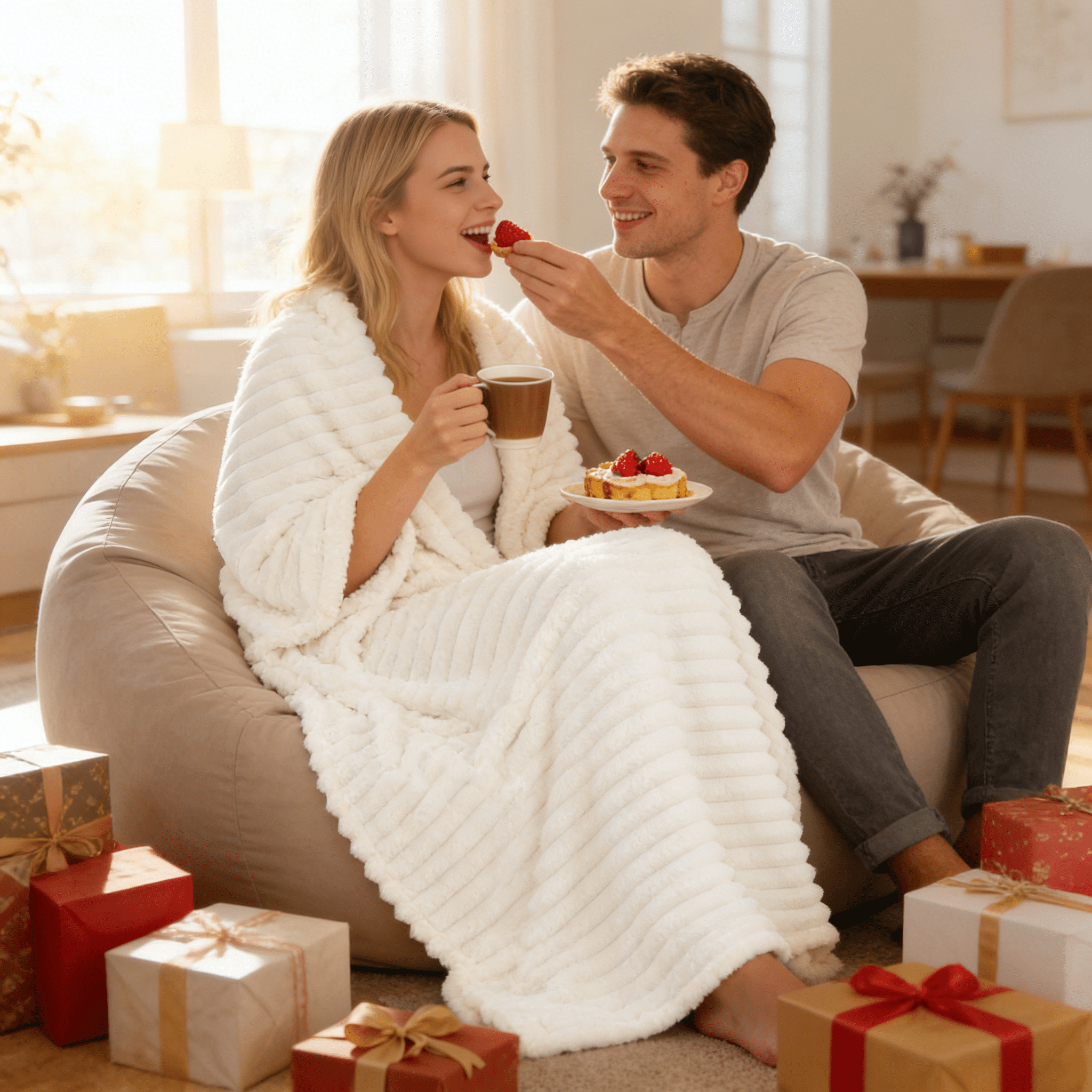 Decorative Knitted White Fleece Throw Blanket for Couch, Super Soft Cozy Blankets and Throws, Decorative Fleece Blankets for Women Men G... - Super Soft Reversible Sherpa Flannel Blanket Detail