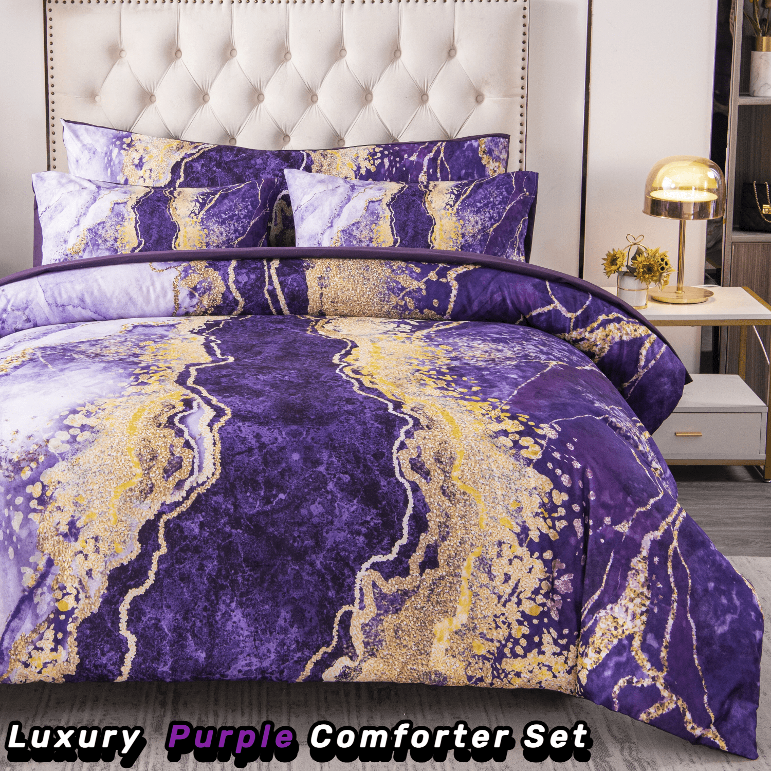 Heavyweight Warmth 6 Pieces Queen Size Comforter Set Purple,Watercolor Marble Colorful Purple Bedding,Ultra Soft Purple Bed Set with Com... - All-Season Down Alternative Comforter Insert Detail