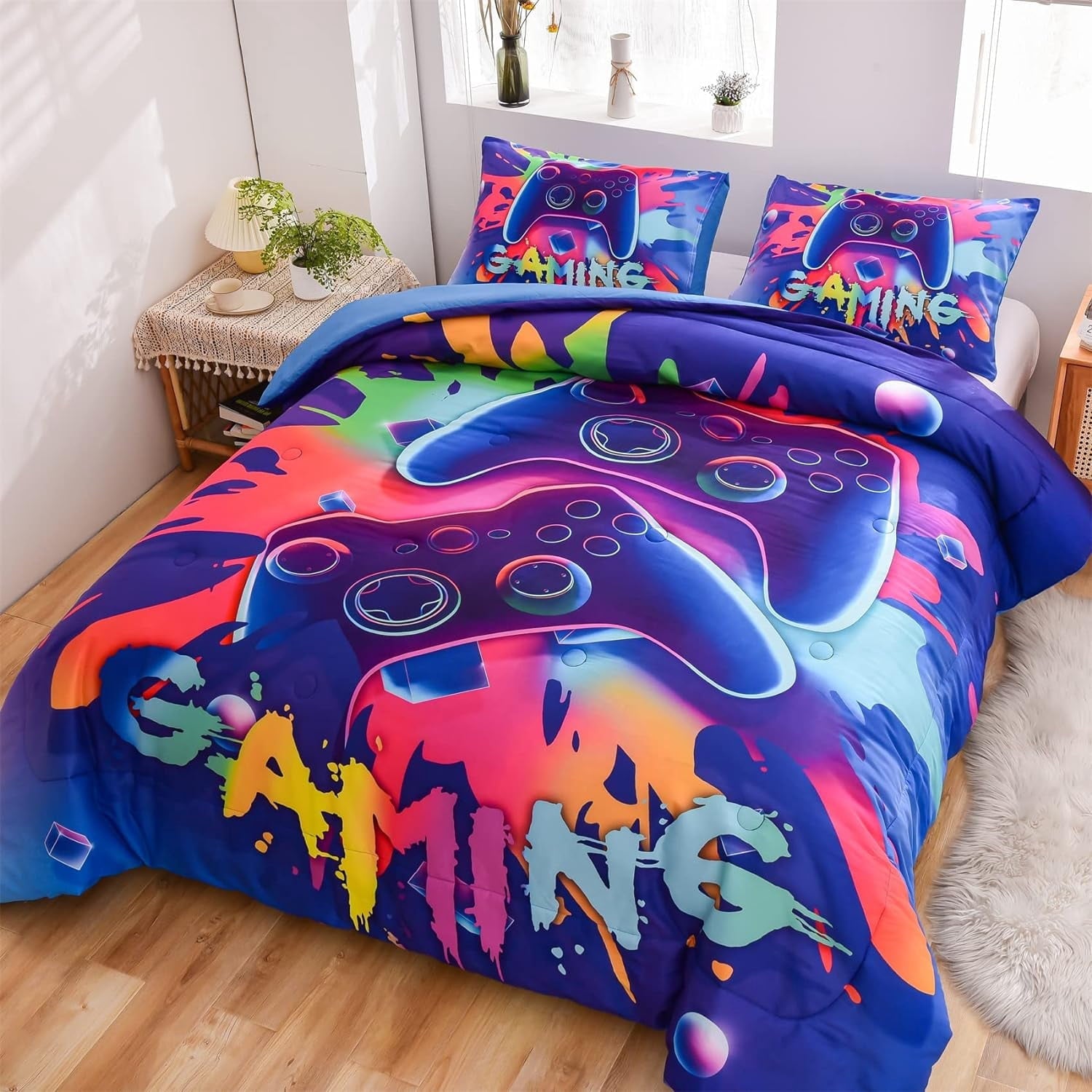 Fluffy Down Alternative Purple Queen Gaming Comforter Sets for Boys Kids Bedding Sets Colorful Games Console Gamer Quilt Set - All-Season Down Alternative Comforter Insert Detail