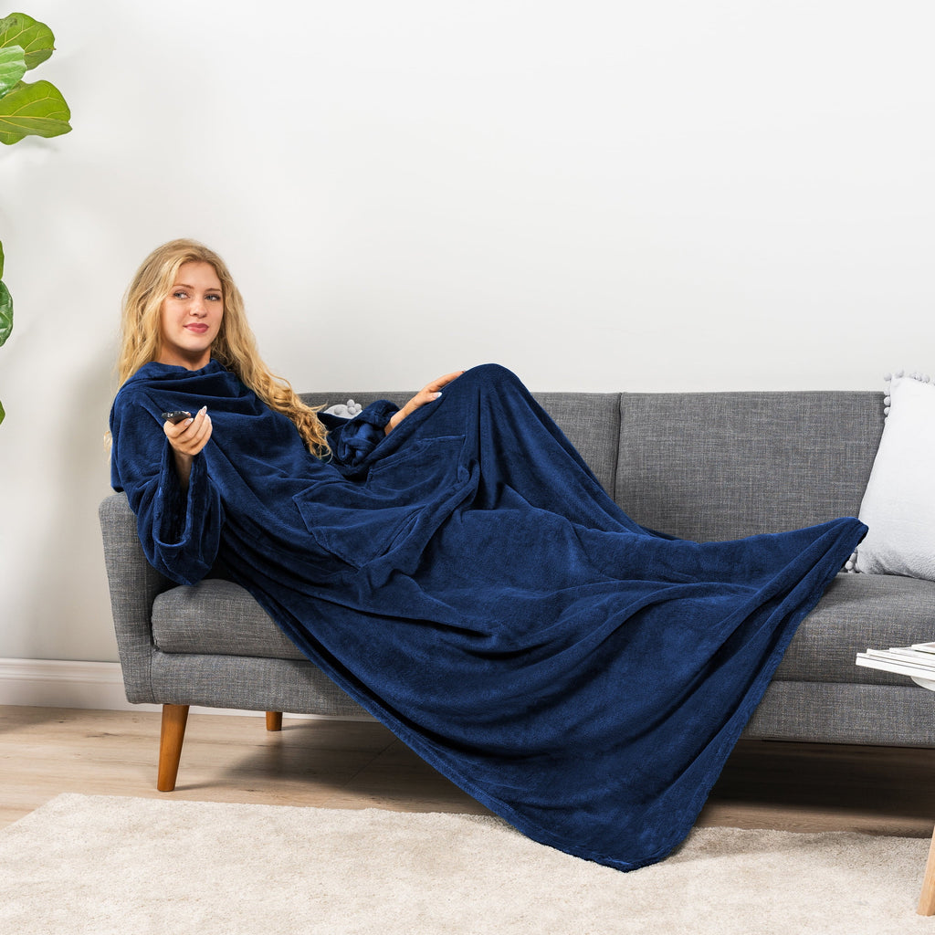 Decorative Knitted Navy Blue Fleece Wearable Blanket with Sleeves for Adults Women Men, Soft Warm Full Body Wrap Throw, Sweatshirt Pocke... - Lightweight Plush Warm Blanket for All Seasons Detail