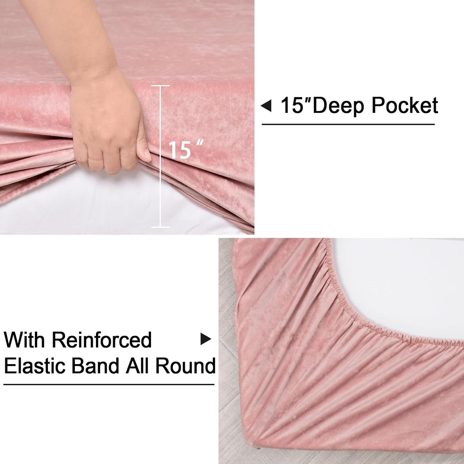 Premium Egyptian Cotton Truly Velvet Fitted Sheet Twin Size, Luxury Super Soft Flannel Bottom Sheet with 15" Deep Pocket for Winter, Pink - Luxury Bed Sheet Set with Deep Pockets Detail