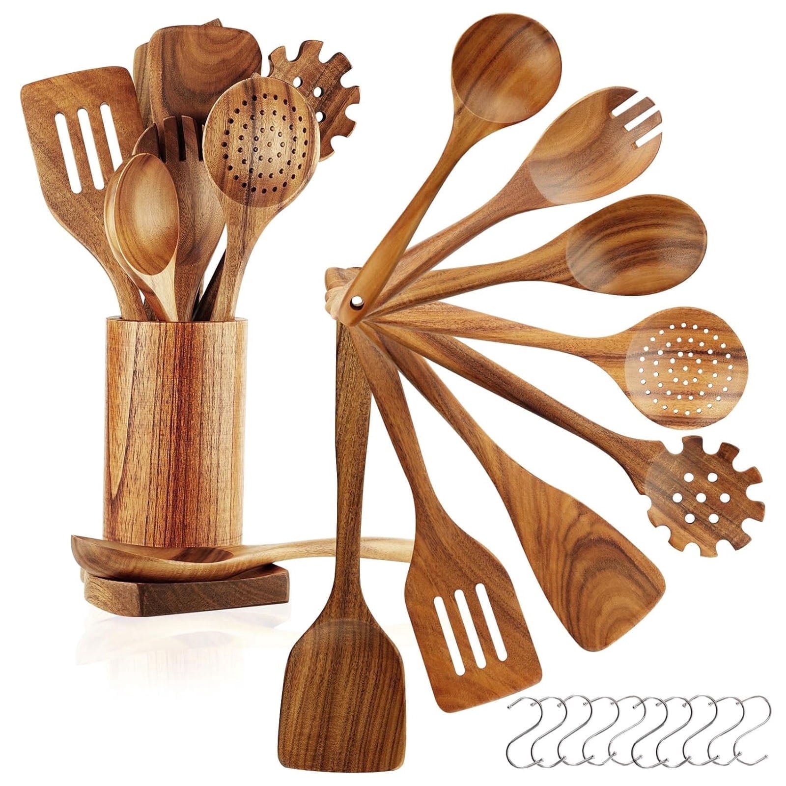 Heat-Resistant 10Pcs Wooden Spoons for Cooking, Smooth Finish Teak Wooden Utensils for Cooking, Soft Comfort-Grip Wood Spoons for Co... - Heat-Resistant Silicone Cooking Spatula Turner - Default Title