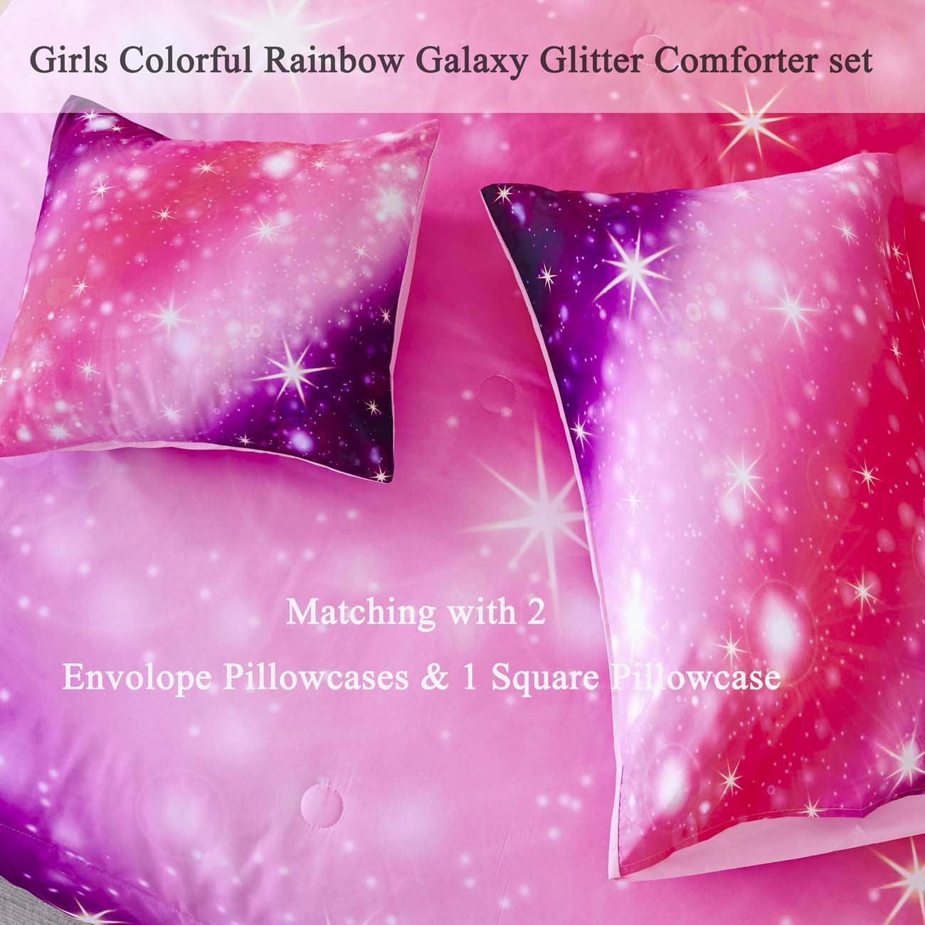 All-Season 4Pcs Rainbow Twin Size Comforter Set for Girls, Pink Purple Gradient Glitter Kids Bedding Sets, Soft Galaxy Girls Bed... - Cloud-Like Soft Lightweight Bed Comforter Detail
