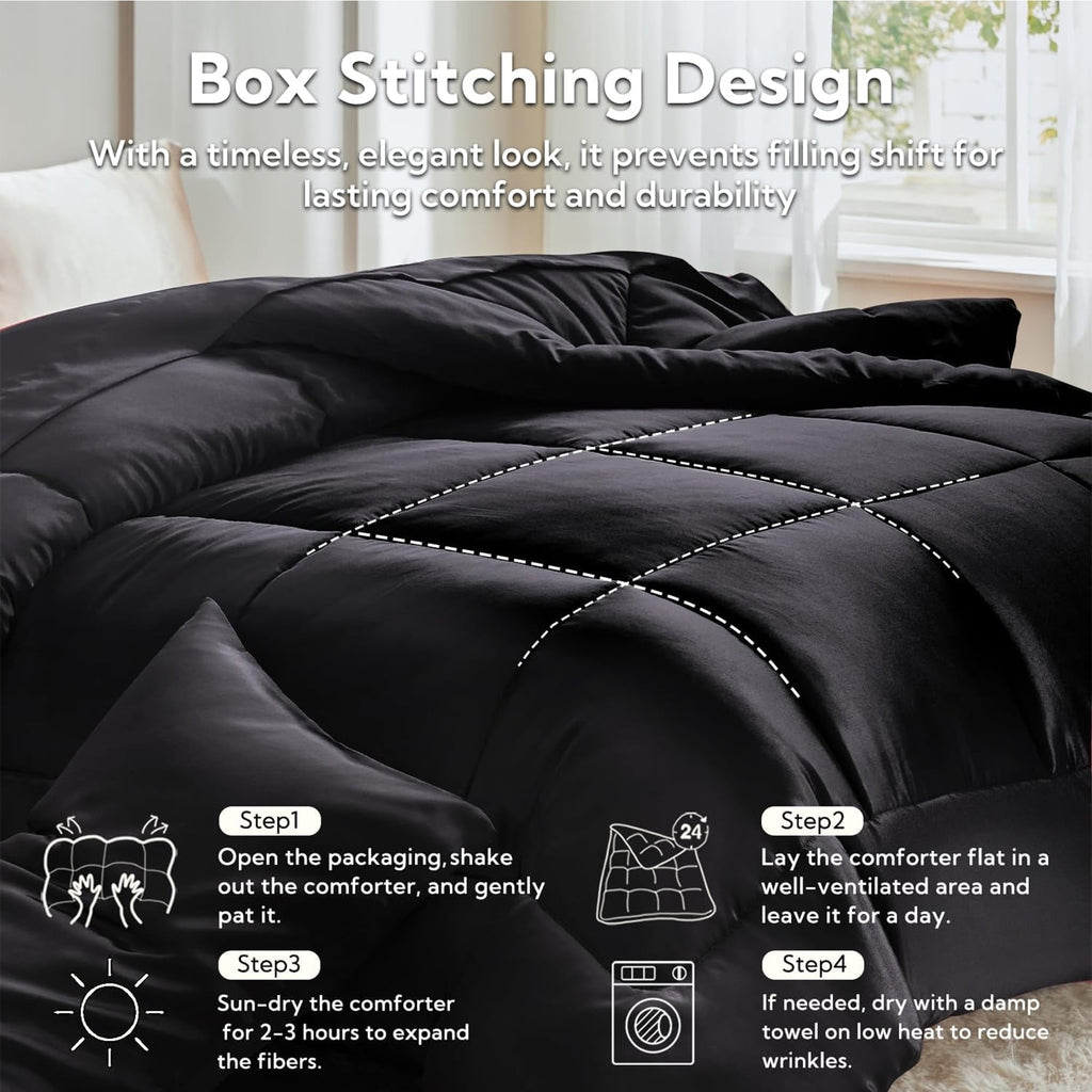 Heavyweight Warmth Reversible Satin Microfiber Comforter 3 Pieces Queen Size, Black Queen Comforter Set for All Seasons, Silky Soft Sati... - All-Season Down Alternative Comforter Insert Detail