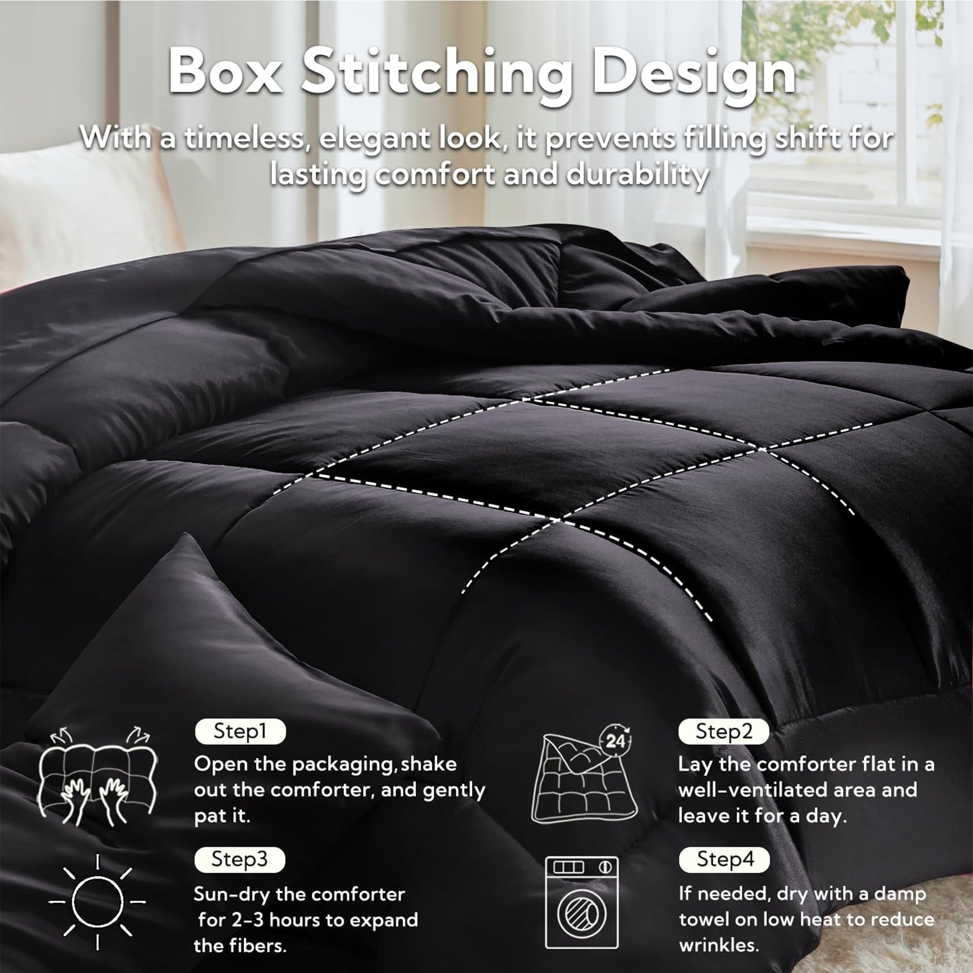Heavyweight Warmth Reversible Satin Microfiber Comforter 3 Pieces Queen Size, Black Queen Comforter Set for All Seasons, Silky Soft Sati... - All-Season Down Alternative Comforter Insert Detail