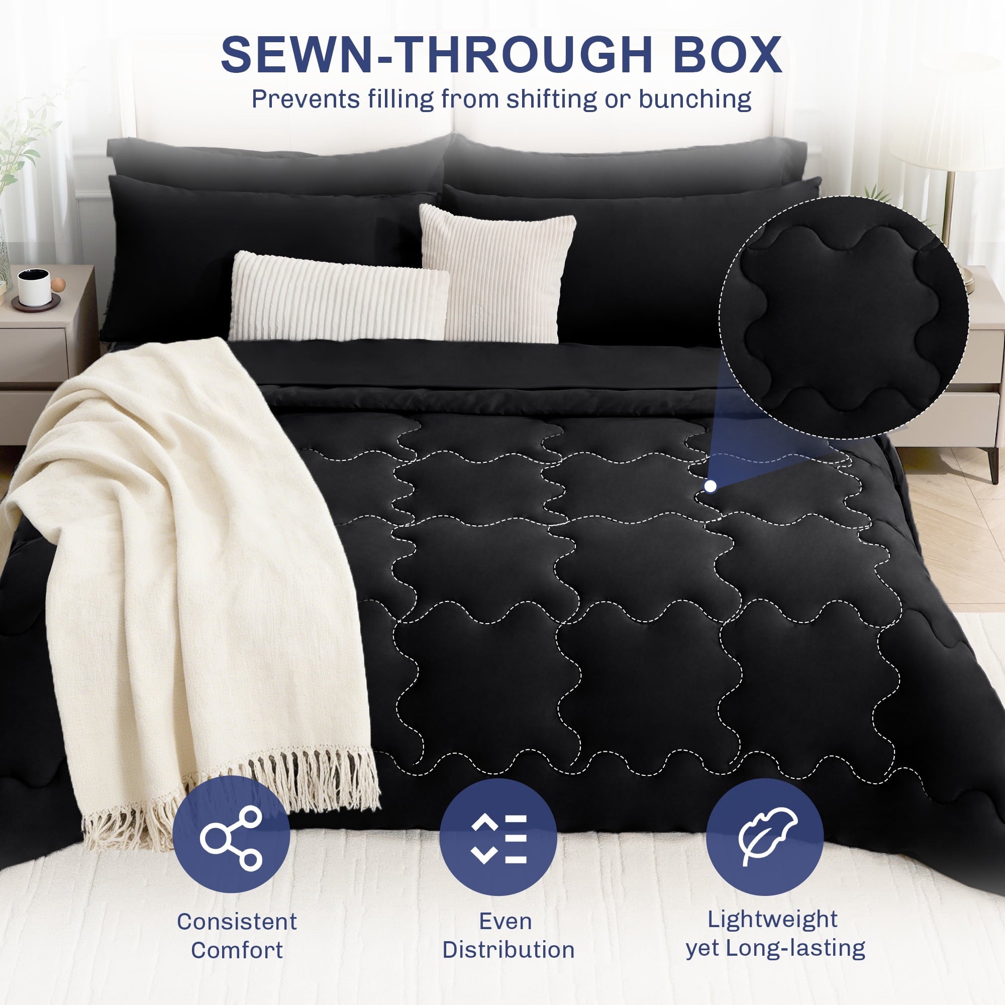 Hypoallergenic Cloud 7 Pieces Comforter Set Full，Bed in A bag，All Seasons Bedding sets with Comforter,Fitted Sheet,Flat Sheet,Pillowcases ... - All-Season Down Alternative Comforter Insert Detail