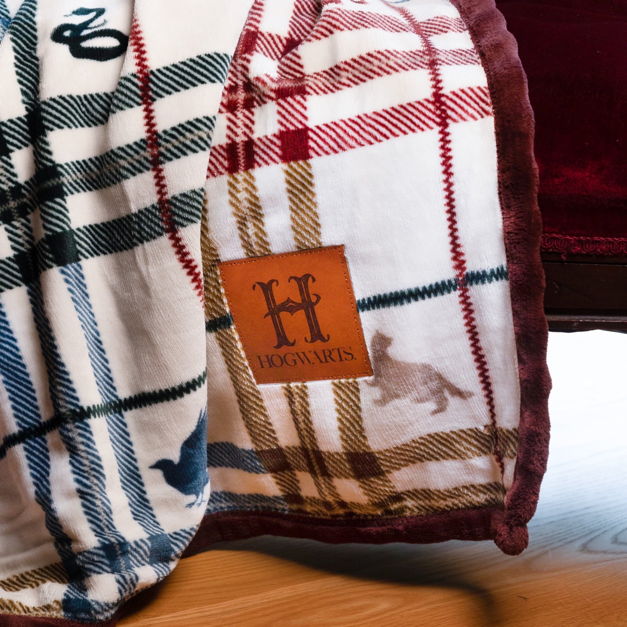 Lightweight Warm Academic Plaid Tartan Crest with Faux Leather Patch and Milky Mink Reverse Throw, 60x70 inches - Luxury Knitted Decorative Throw Blanket with Fringes Detail