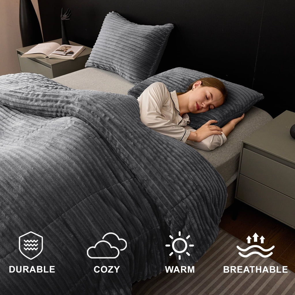 Heavyweight Warmth 3 Piece Fleece Queen Comforter Set - Soft & Warm Fluffy Dark Gray Sherpa Bedding , Fuzzy Heavy Double Sided Design Wi... - Hypoallergenic Ultra-Fluffy Quilt for Winter Detail