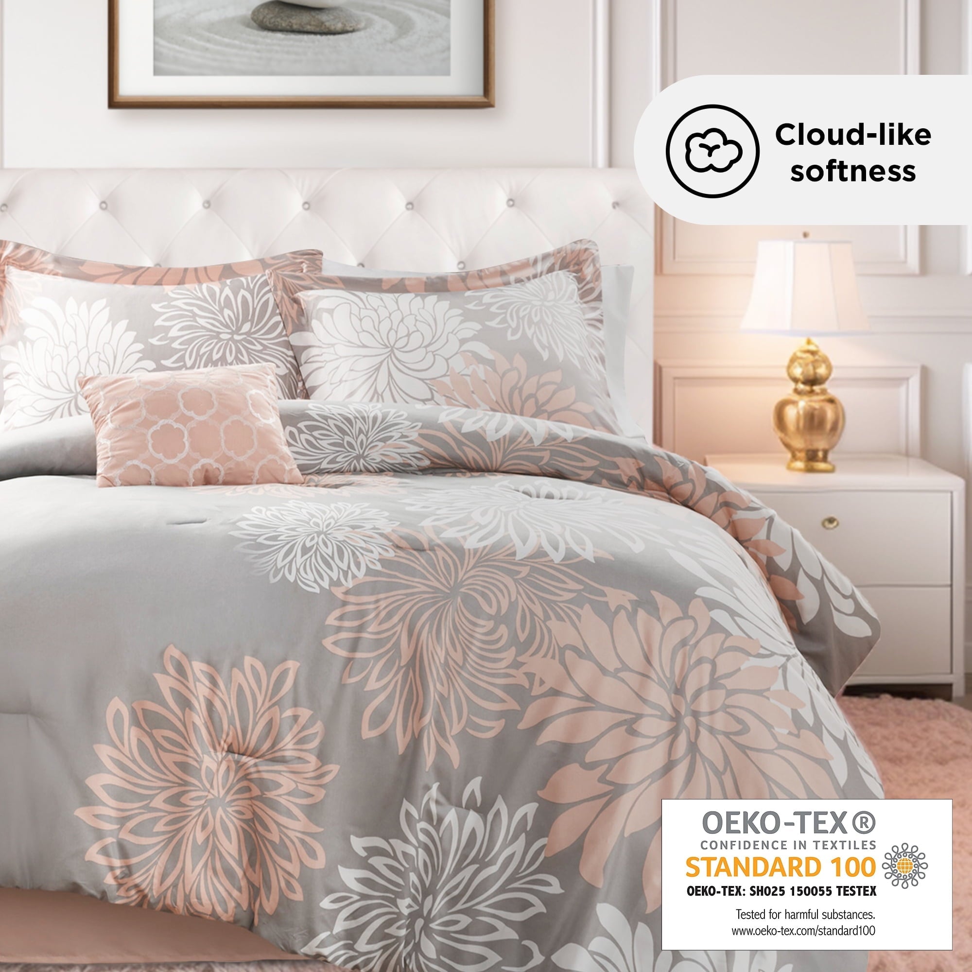 Heavyweight Warmth King Size Comforter Set, 5-Piece Floral Bedding Set for All Season, Blush Comforter Set King with Bed Skirt - Luxurious Quilted Duvet Cover Set Detail