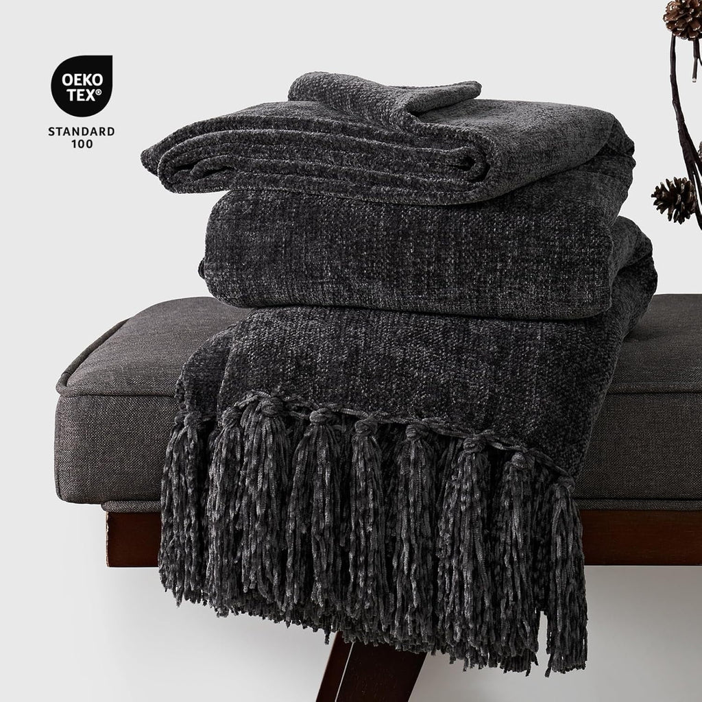 Reversible Sherpa Soft Chenille Throw Blanket for Couch, Cozy Plush Fuzzy Decorative Chenille Knit Throw Blanket with Tassels, Lightwei... - Luxury Knitted Decorative Throw Blanket with Fringes Detail