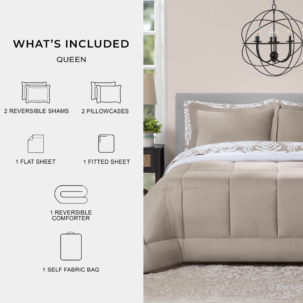 Fluffy Down Alternative All in One Reversible Comforter and Sheet Set- 7 Piece, Queen, Beige Palm - All-Season Down Alternative Comforter Insert Detail