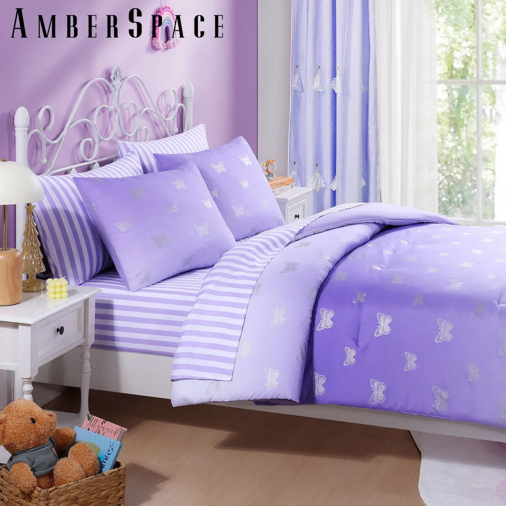 Heavyweight Warmth gold foil Design 7-piece Bed in a Bag Comforter Set with Sheets,Purple/Silver Butterflies,Full - Cloud-Like Soft Lightweight Bed Comforter Detail