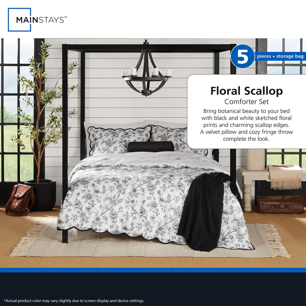 All-Season Floral Scallop 4-Piece White/Black Comforter Set, Twin/Twin XL - All-Season Down Alternative Comforter Insert Detail