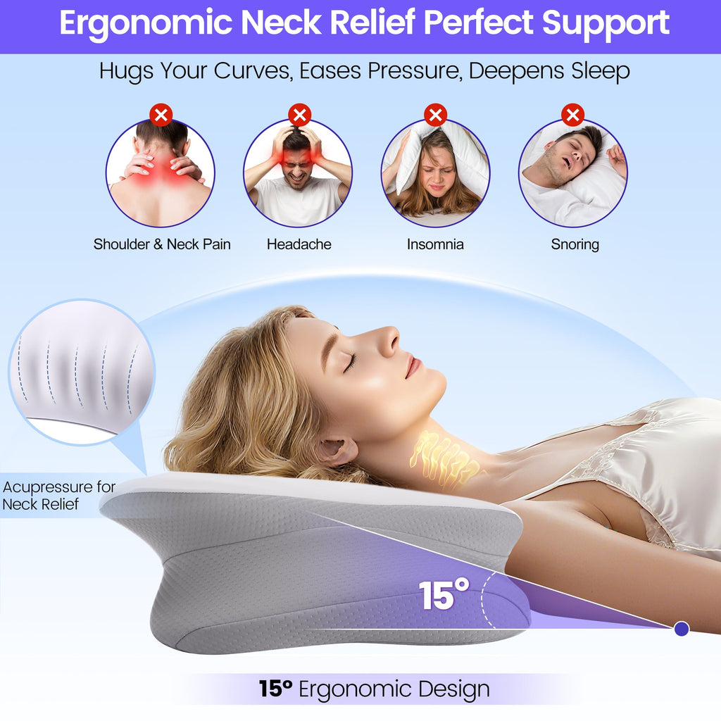 Decorative Plump Ergonomic Cervical Pillows，Memory Foam Bed Pillow for Neck & Shoulder Pain Relief for Side Back Stomach Sleepers White - Hotel Quality Plush Sleeping Pillows Detail