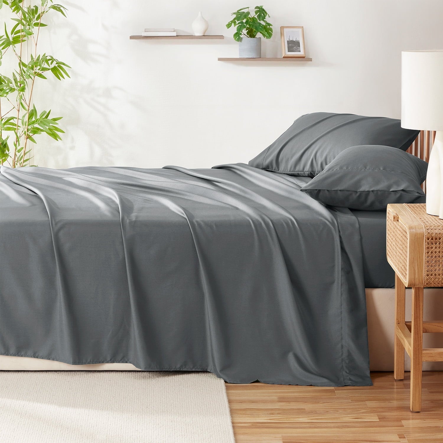 Breathable Luxury Virtu Bed Sheets Set, Deep Pocket Rayon Derived 4 Piece Queen Sheets sets, Gray - Premium Ultra-Soft Pillowcase Pair for Sleeping Detail
